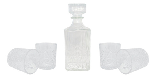 Set Whisky 5 Piezas | Licorera + 4 Vasos Vidrio Labrado Tk