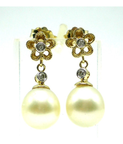 Aros De Oro 18 Kt Brillantes Y Perlas Naturales