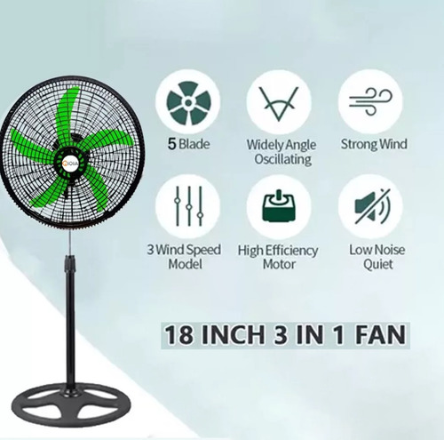 Waroom 3 Velocidades Altura Ajustable Ventilador 3 En 1 18 Pulgadas Pedestal 5 Aspas Verde