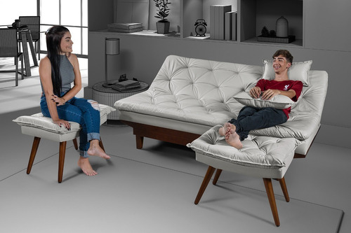 Sofa Cama Couro Sintetico Base E Pes Madeira + Kit Banquetas | Parcelamento  sem juros