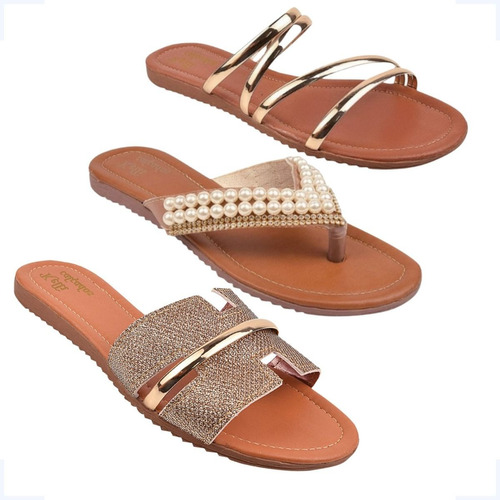 Chinelo Rasteirinha Feminina Kit Com 3 Pares Latikas Shoes 