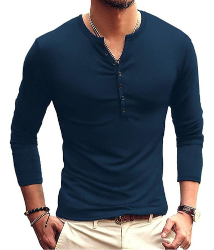 Playeras Hombre Polera Henley De Manga Larga Casual Cuello V