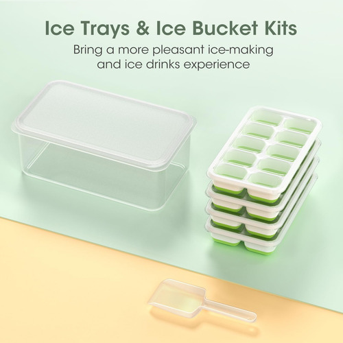 Ice Cube Tray With Lid And Bin, 4 Pack Silicone Plastic Ice