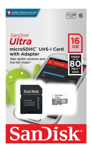 Cartao De Memoria 16 Gb Sandisk Ultra Micro Sd Classe 10 80m