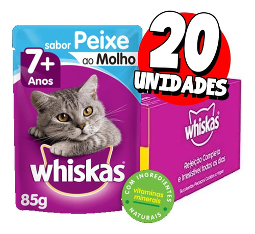 Ração Úmida Whiskas Gato Adulto 7+ Peixe Molho 85g 20 Sachês