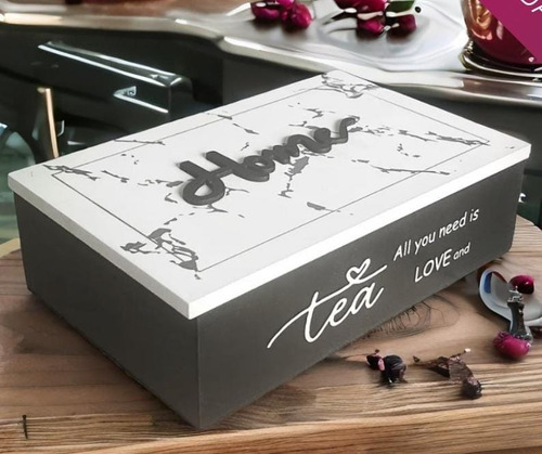 Caja Saquitos De Te Madera 6 Divisiones Con Tapa Línea Deco Blanco Con Negro