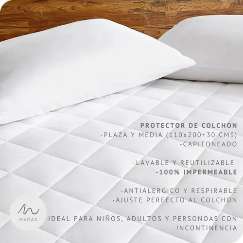 Cubre Colchón Impermeable 1.5 Plazas Protector Capitoneado Blanco Capitoneado 1 1/2 Plaza