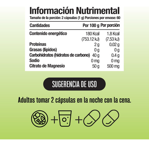 Citrato De Magnesio De 120 Cápsulas. Kukamonga Sabor Sin sabor