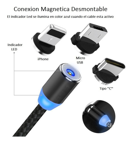 Imagen 5 de 10 de Cable Magnetico Cargador Micro Usb Tipo C iPhone Compatible