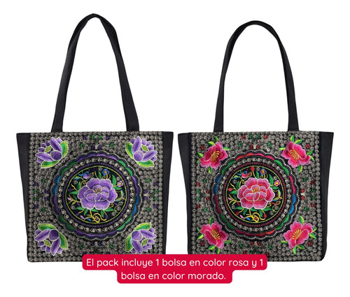 Bolsa Bordada Grande Mujer Flores, De Hombro Dos 2*pzas