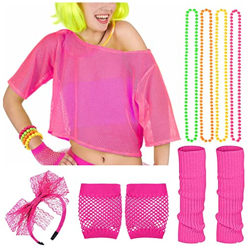 Set Accesorios 80s Para Mujer Movinpe: Camiseta Neon, Cintillo, Collar, Calentadores, Guantes De Rejilla