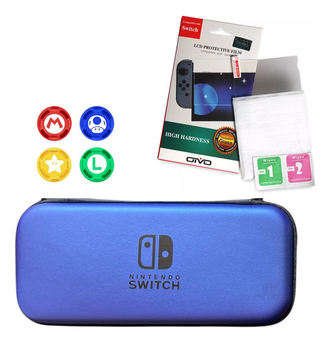 Case Capa Estojo + Película Vidro + 4 Grip Nintendo Switch Cor Azul