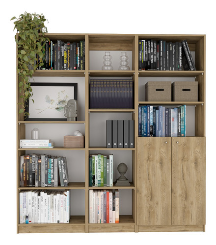 Combo De Bibliotecas Home Eco Macadamia Y Blanco Con Puertas Color Marrón