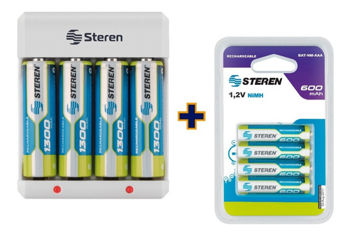 Kit Cargador Steren + 4 Pilas Aa 1300 Mah + 4 Aaa 600 Mah