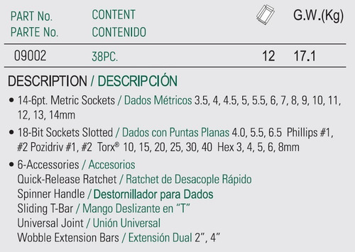 Imagen 3 de 3 de Juego Copas Punta Hexagonal 1/4 38 Piezas- Mm Ref.09002sj