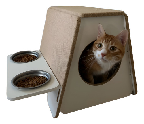 Cucha Para Gatos Con Rascador Y Soporte Para Comida Y Agua Beige