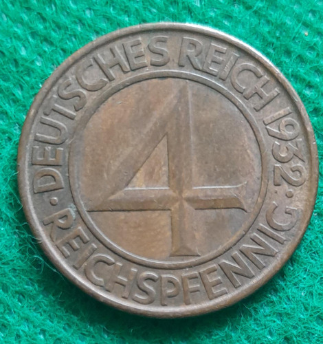 Moneda 4 Reichspfennig, Alemania, Año 1932, Seca D