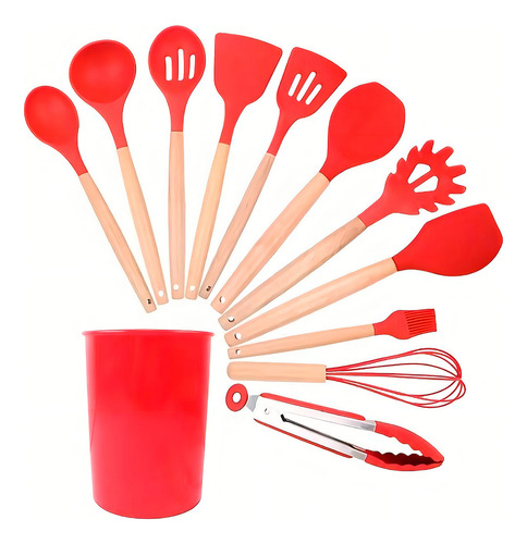 Set Utensilios Cocina Silicón Y Mango De Madera 12 Pzs Rojo
