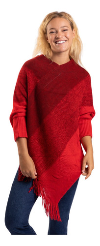 Poncho Para Dama Con Flecos Cherry Gris Y Rojo