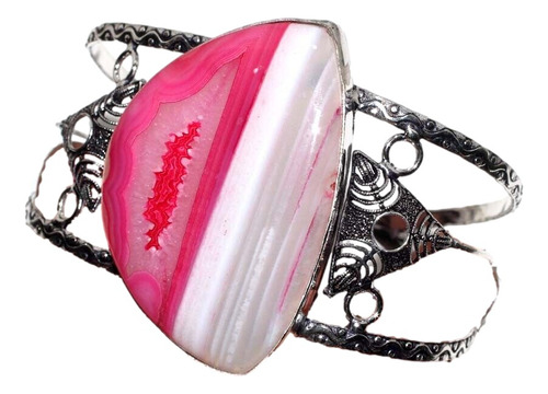 Pulsera Con Preciosa Ágata Rosa Bicolor, Bañada En Plata 925