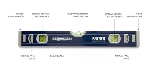 Imagen 4 de 8 de Nivel De Burbuja Bremen 60 Cm Aluminio 3 Burbujas 7166