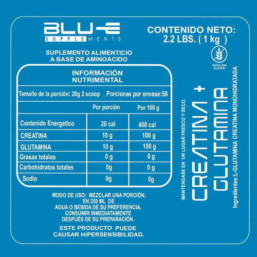 Blu-e Supplements Creatina + Glutamina 1kg Limón