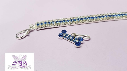 Collar Correa Mascotas Diamantes Cristales-una Linea Azul
