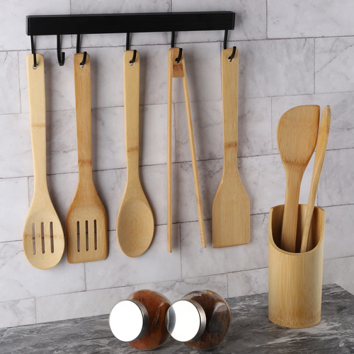 Juego 8 Cuchara Madera Para Utensilio Cocina Bambu Casa