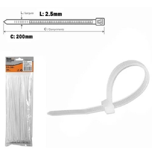 Kit Abracadeira De Nylon Branco 100pcs 2,5x200mm