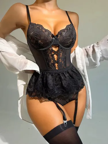 Conjunto Lencería Sexy 3 Piezas Encaje Body-ligas-medias Blanco M