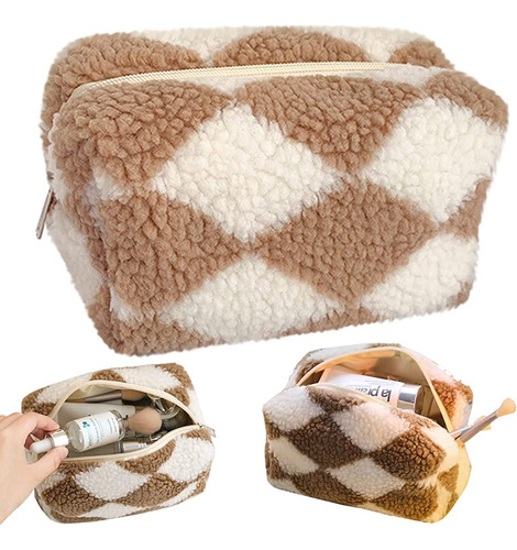 Cessfle Terry Cloth Small Makeup Bags, Checkered Plush Cosme