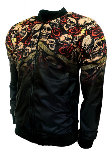 Chamarra Bomber Jacket Ligera  Calacas Con Rosas Difuminada