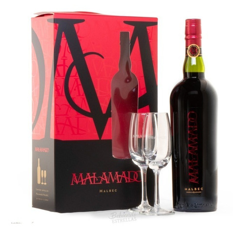 Imagen 1 de 2 de Vino Malamado Malbec Tinto C/ 2 Copas + Caja Zuccardi Regalo