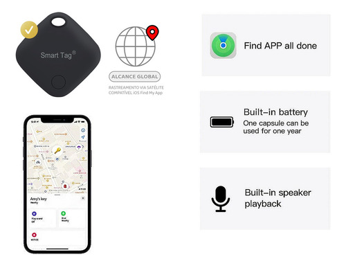 Rastreador Gps Chaveiro Coleira Pets Localizador De Malas Cor Preto Para iPhone