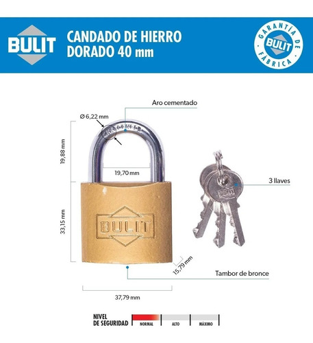 Candado De Hierro Dorado Bulit N° 40 Gavatex