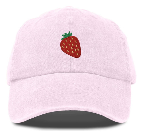 Gorro De Béisbol De Algodón Bordado De Fresa, Ajustable Rosado Lavado Talla Única