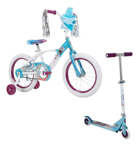 Bicicleta R16 Y Scooter, Huffy Disney Frozen Ii, Combo. Color Blanco/azul