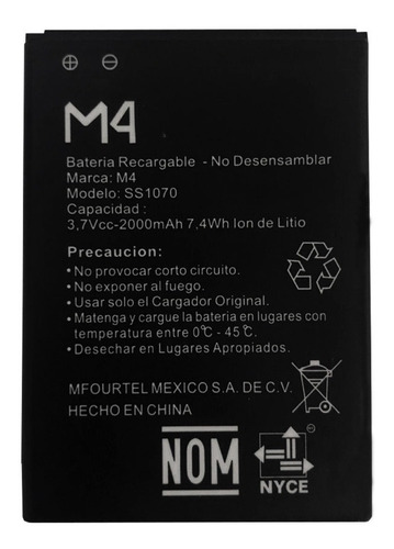 Pila Bateria Matel M4 2000mah Est 7.4wh 3.7v Ss1070 Color Negro
