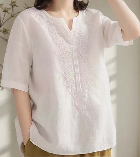 Blusa Bordada De Algodón Y Lino Con Cuello En V Para Mujer