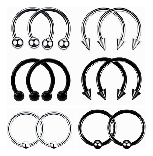 Piercing Septum, Frenillo, 12 Piezas, Acero, Plata Y Negro