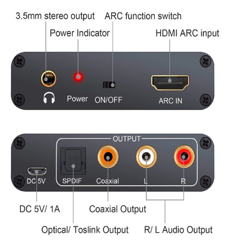 Imagen 2 de 7 de Extractor De Audio Hdmi Arc A Digital Analogico Toslink Rca