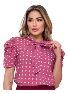 Blusa Camisa Evangélica Social Bolinha Poa Com Laço Princesa