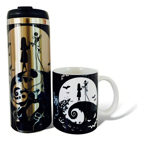 Termo + Taza Jack Y Sally Personalizados Color Negro