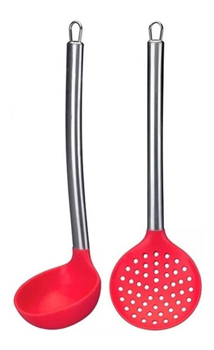 Kit Concha Escumadeira 2 Utensílios Silicone E Inox Vermelho