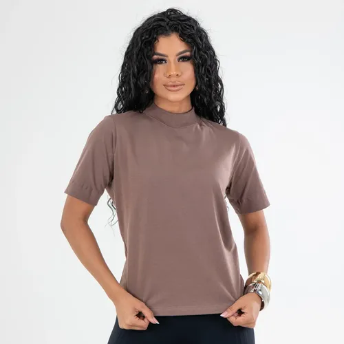 Blusa Feminina Gola Alta Lisa Manga Curta Casual Branco Liso P