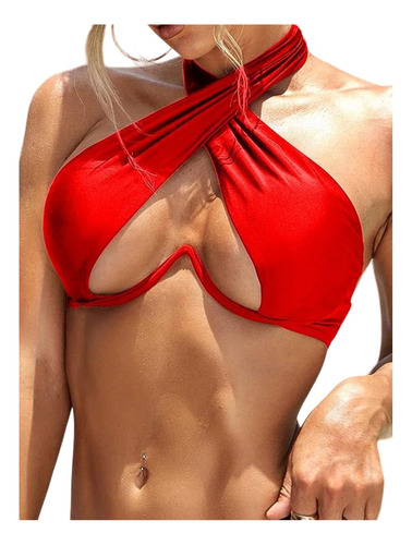 Top Bikini Halter Sexy Corto Tirantes Cruzado Con Aro Rojo