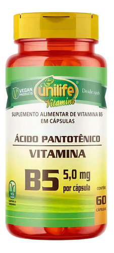 Vitamina B5 Ácido Pantotênico Vegana 60 Caps 500mg