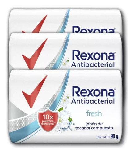 Jabón Barra Rexona Antibacterial Fresh Original 3 Und 90 Grs