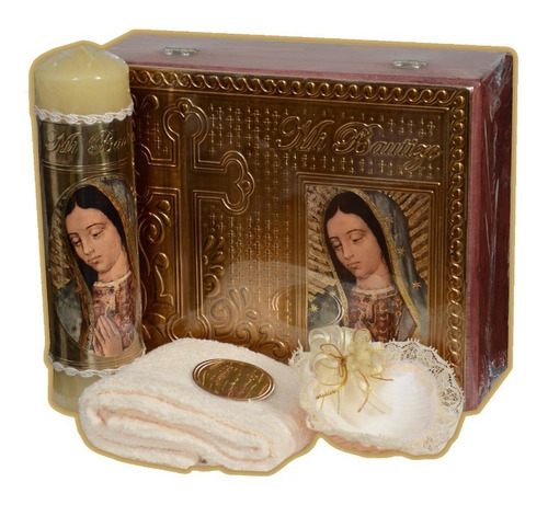 Bzm Kit Bautizo Caja Madera Virgen Busto Cirio Concha Toalla