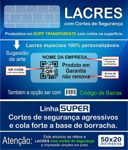 Lacre Transparente Picotado 50x20mm Personalizado 500 Uind